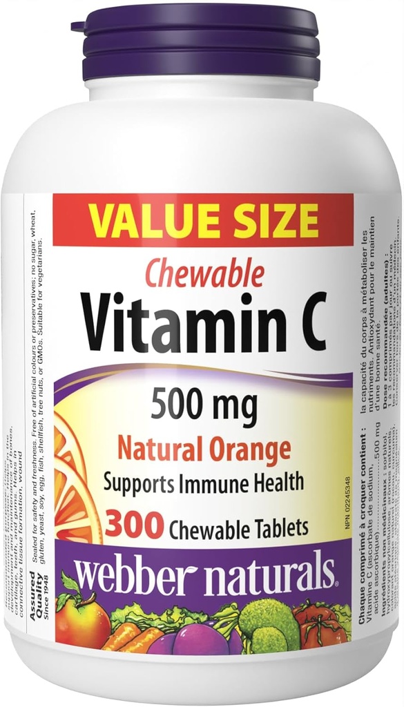 Webber Naturals Vitamine C, 300 comprimés d'orange à croquer, 500 mg de vitamine C par comprimé, os, dents, immunosupport et antioxydant