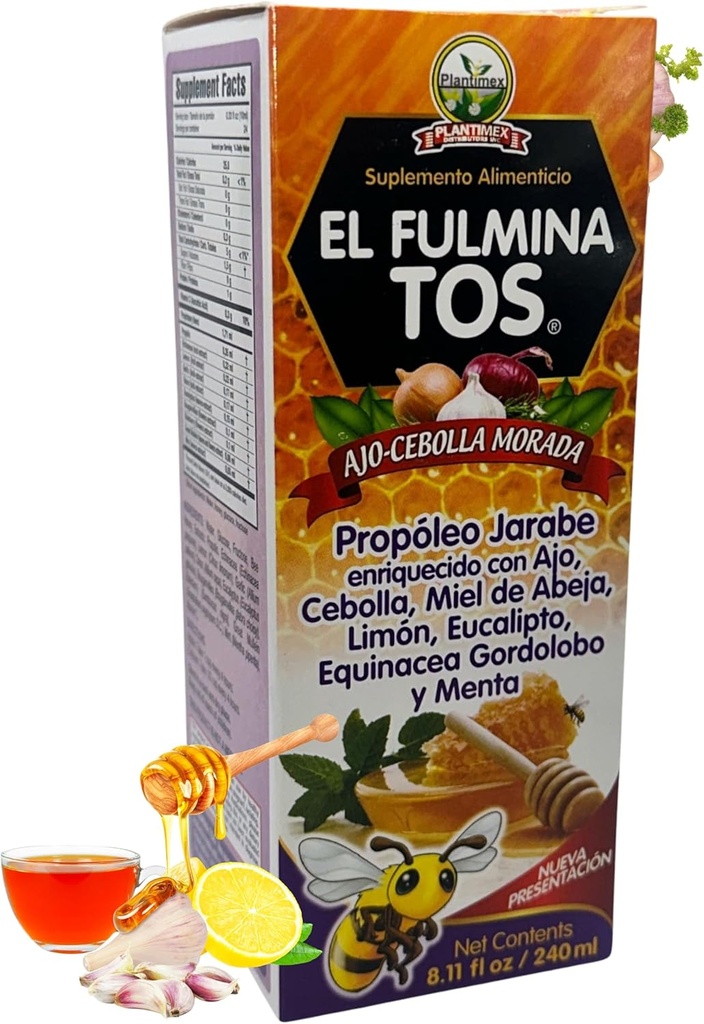 EL FULMINA TOS Propoleo +AJO + CEBOLLA +Miel+Limon+Eucalipto+Equinacea+Gordolobo & Menta (Syrup de la ville W/Garlic et oignon) 8.11 fl oz Supplément nutritionnel Syrup de la toux FULMINA TOS