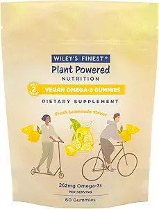 Wiley's Finest Vegan Omega-3 Gummies - Sucre naturel - Végétarien Dha, Ala & Sda - Sans gluten - Lemon Flavor, 60 Gummies
