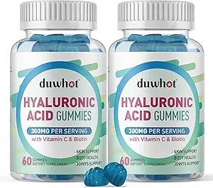 Gommies d'acide hyaluronique, Suppléments d'acide hyaluronique avec vitamine C et biotine 5000mcg pour la peau, les cheveux, la santé des ongles, compléments pour les articulations pour les femmes et les hommes, faible sucre, végétalien, non-OGM, 60 comtes