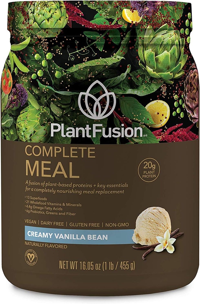 PlantFusion Remplacement complet des repas Shake - Poudre de protéines à base végétale avec superaliments, verts et probiotiques - végétalien, sans gluten, sans soja, sans lait, sans sucre, sans OGM - Vanille 1 lb