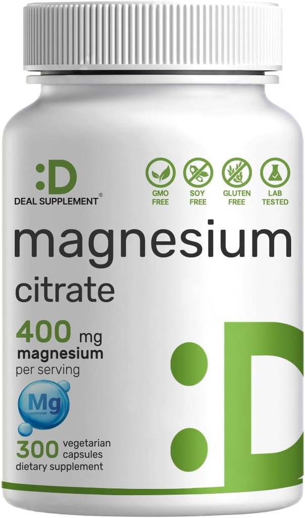 Citrate de magnésium 400mg par portion, 300 Capsules de Veggie – Chélaté, facilement absorbé, trace minérale purifiée – Soutien musculaire, cardiaque et digestif – Non-OGM