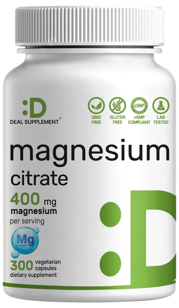 Citrate de magnésium 400mg par portion, 300 Capsules de Veggie – Chélaté, facilement absorbé, trace minérale purifiée – Soutien musculaire, cardiaque et digestif – Non-OGM