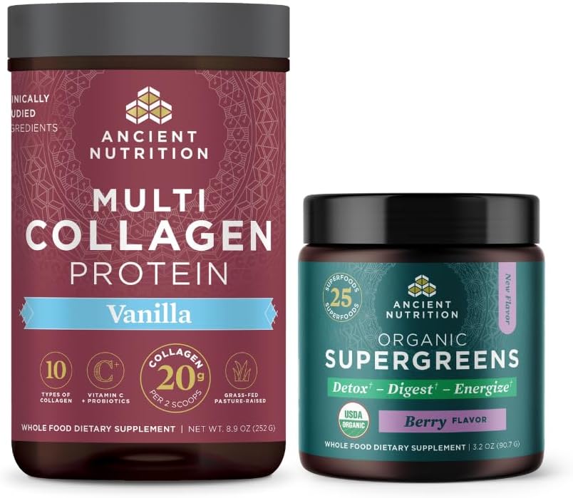 Ancient Nutrition Multi Collagen Protein Powder, Vanilla, 24 Servings + Organic Supergreens Powder, Berry, 12 Servings