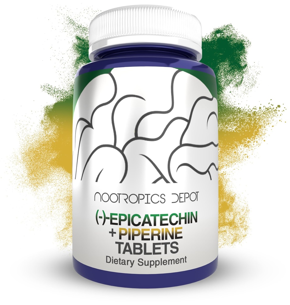 Nootropics Depot Epicatechin Tablets | 200mg (−)−Epicatechin + 6mg Piperine for Bioavailability | Green Tea Extract | Promotes Muscle Mass, Cardiovascular Health, and Energy | 90 Count