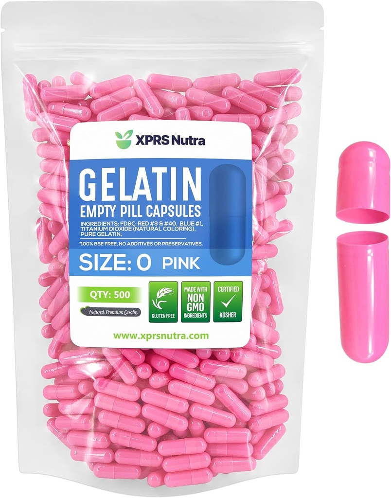XPRS Nutra Taille 0 Capsules vides - 500 Compte Capsules de gélatine vides - Pills pour le remplissage de la gélule de bricolage - Pure Pill Gel Caps pour Do-It-Youlf Suppléments (Pink)