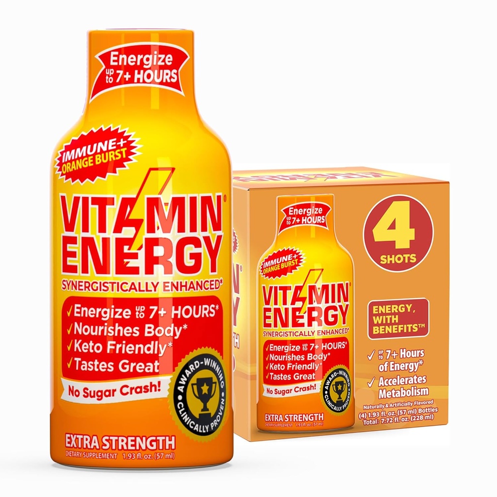 Vitamine Energy Immune+ Extra Strength Energy Shot – Orange Burst – 100% DV B-Vitamines & 260mg Caféine – Zéro calories, sans sucre, végétalien, – Immunity & Energy Support – 1,93 fl oz, 4-Pack