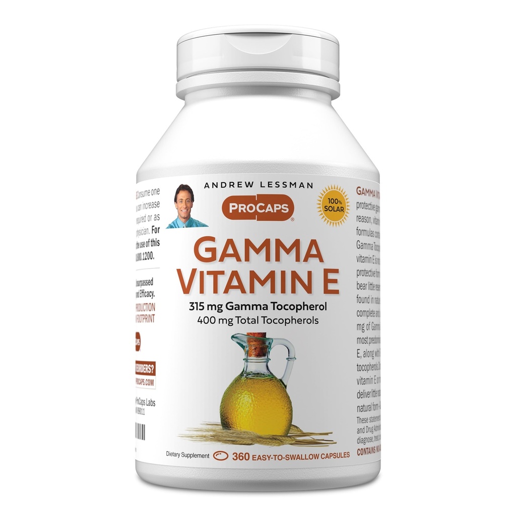 ANDREW LESSMAN Gamma Vitamin E 360 Softgels - 315 mg Gamma Tocopherol, Protective Vitamin E. Four Forms of Natural Tocopherols with Ahiflower Oil. Powerful Anti-oxidant. No Synthetic Forms