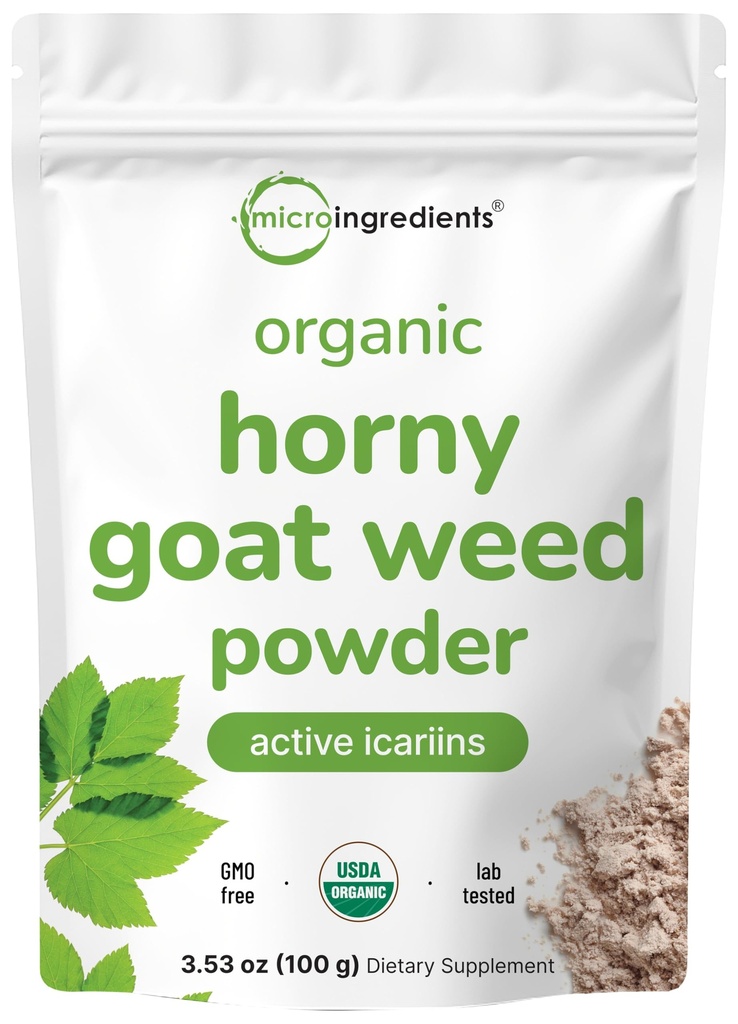 Maximum Strength Bio Pure Horny Goat Weed avec des icariines actives pour les hommes et les femmes, 100 Grams, Poudre Epimedium biologique pour l'énergie et le système immunitaire Booster, sans remplissage et végétalien amical
