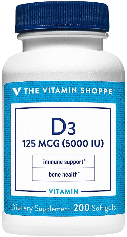La vitamine Shoppe Vitamine D3 5000IU Softgel, soutient la santé osseuse et immunitaire, aide à la croissance cellulaire et à l'absorption du calcium, sans gluten et une fois par jour (200 Softgels)