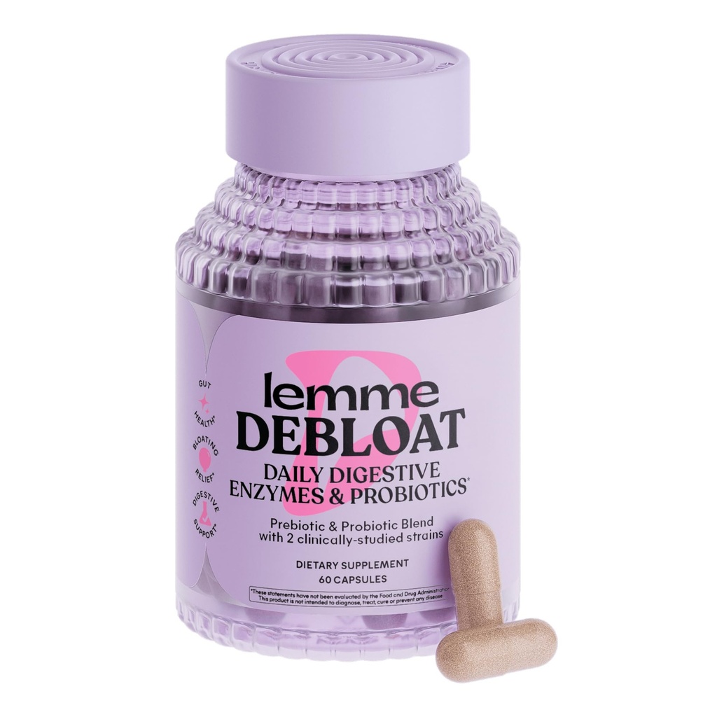 Lemme Debloat 3-en-1 Capsules d'enzymes prébiotiques, probiotiques et digestives pour le dégel et le dégazage - 2 Probiotiques étudiés cliniquement w/5 Enzymes digestives pour améliorer la digestion, femmes et hommes, (60 comte)