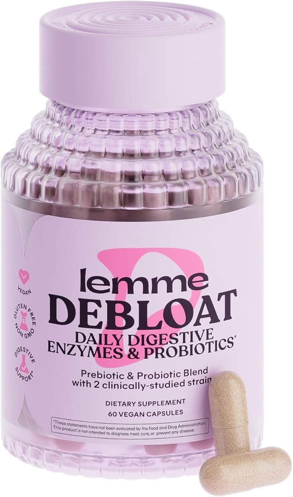 Lemme Debloat 3-en-1 Capsules d'enzymes prébiotiques, probiotiques et digestives pour le dégel et le dégazage - 2 Probiotiques étudiés cliniquement w/5 Enzymes digestives pour améliorer la digestion, femmes et hommes, (60 comte)