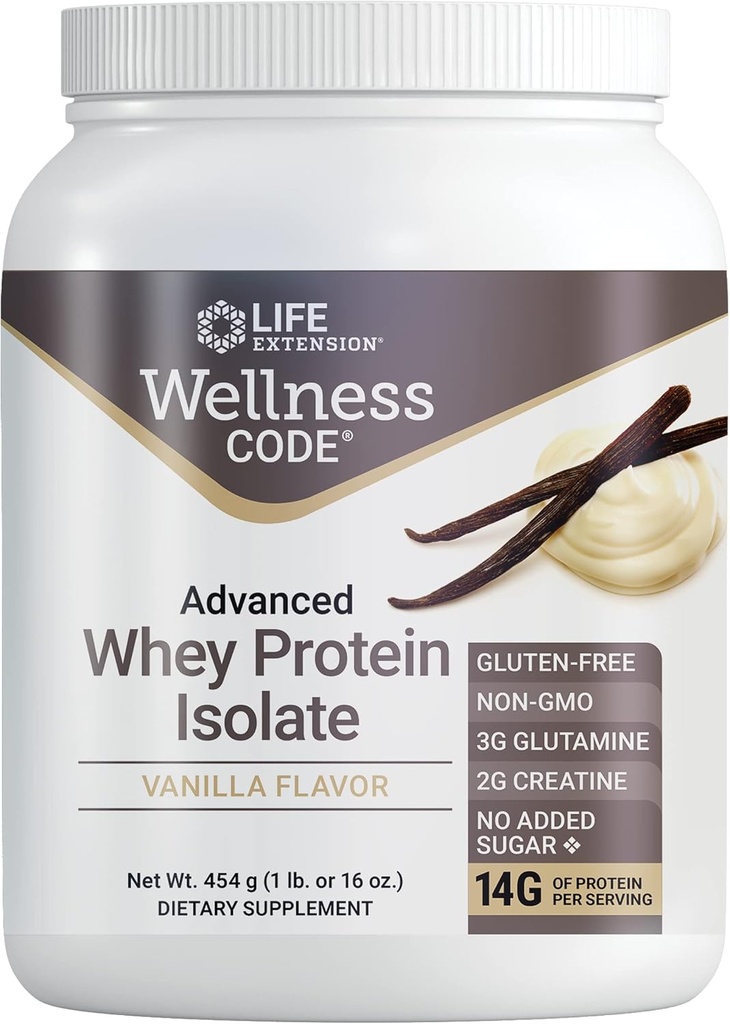 Life Extension Wellness Code Advanced Whey Protein Isolate - Vanilla Flavor - Protein Shake Mix Poudre pour la croissance musculaire et le soutien de la santé immunitaire - sans gluten, sans OGM, sans sucre - 454g - 20 portions