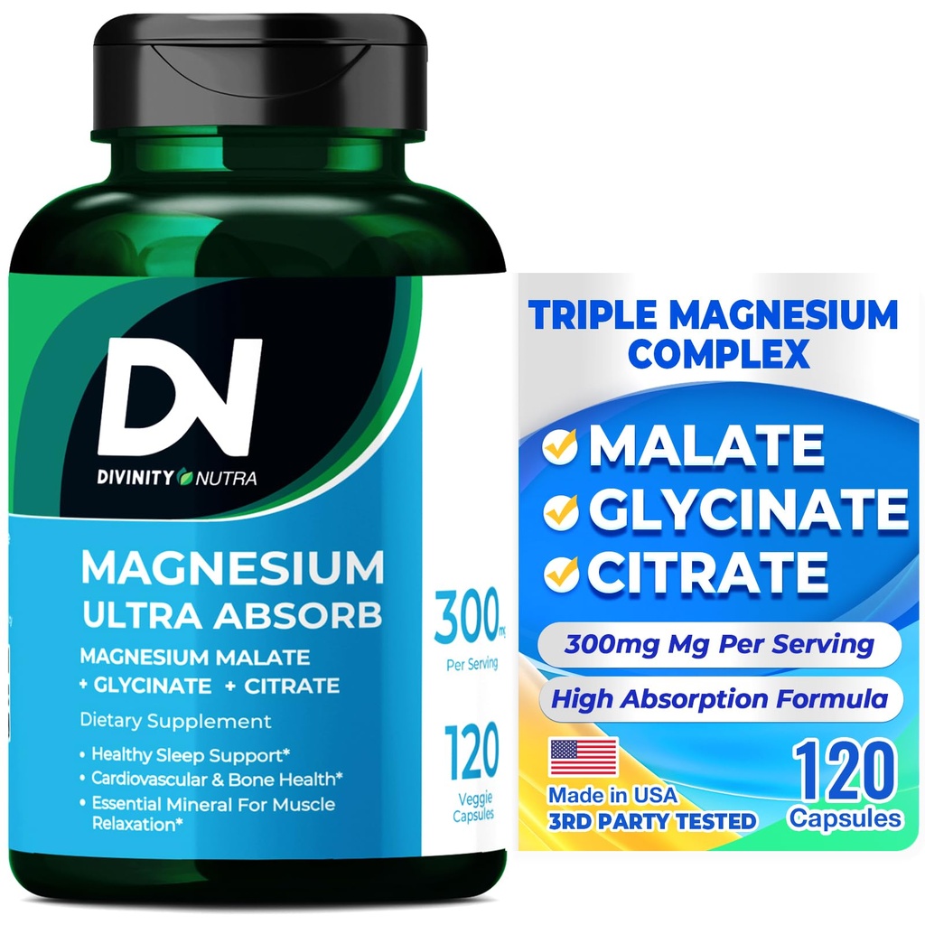 Divinity Nutra Triple Magnésium Complex Supplément 300mg de Magnésium Glycinate, Malate & Citrate pour Muscles, Nerves, & Énergie, Haute Absorption, 120 Capsules Vegan, Non-GMO USA Fait