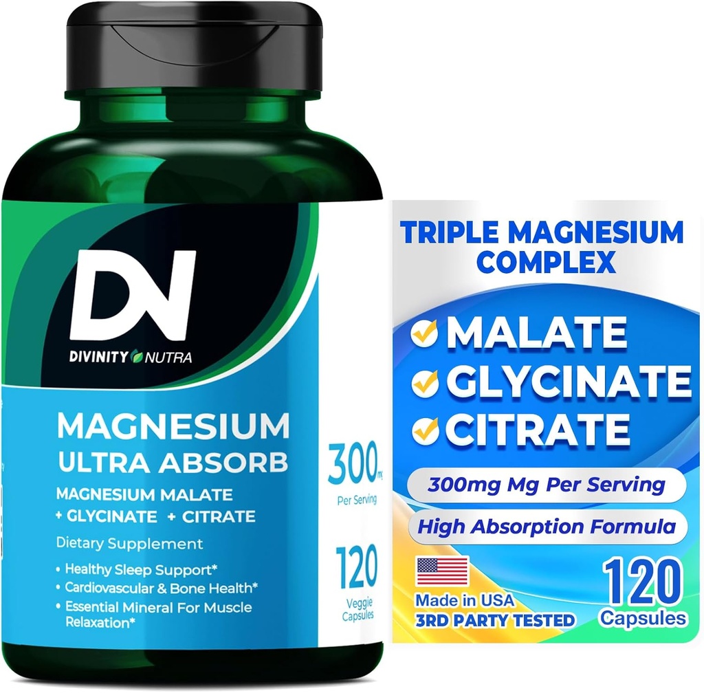 Divinity Nutra Triple Magnésium Complex Supplément 300mg de Magnésium Glycinate, Malate & Citrate pour Muscles, Nerves, & Énergie, Haute Absorption, 120 Capsules Vegan, Non-GMO USA Fait