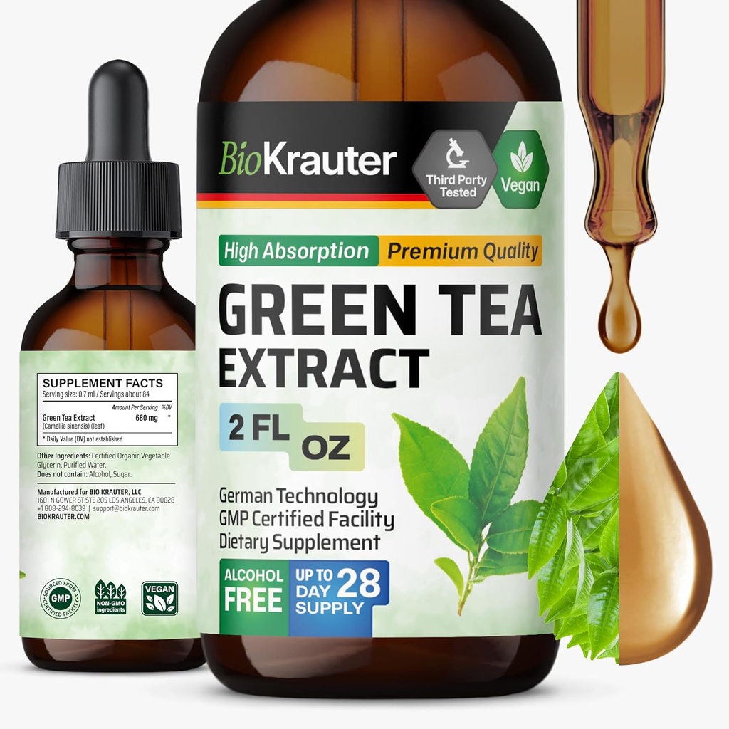 BIO KRAUTER Extrait de thé vert gouttes liquides - Suppléments de thé vert - Source antioxydante - Sans alcool et sans sucre - 2 Fl.Oz.