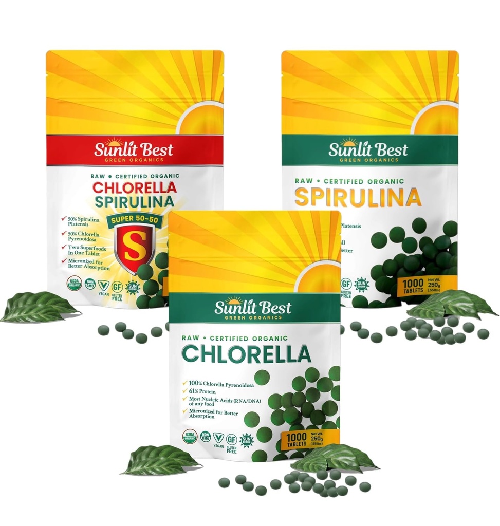 Sunlit Best Ultimate Chlorella & Spirulina Bundle.com Super Greens Suppléments pour le soutien immunitaire, Gut Health, Mood & Energy