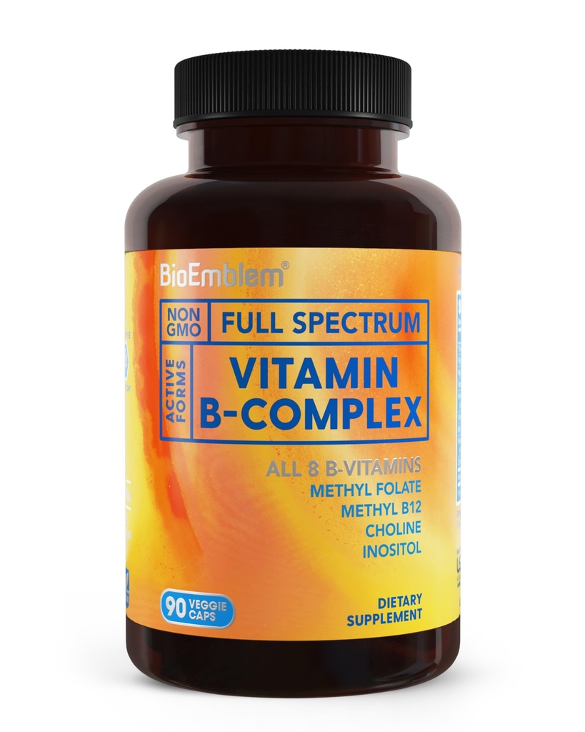 BioEmblem Vitamine B-Complex - Toutes les 8 formes actives avec le folate de méthyle, méthyle B12, B6, Biotin Plus Inositol Choline, soutient l'énergie, le métabolisme, le cerveau, la santé cardiaque - B supplément de vitamine 90 Capsules