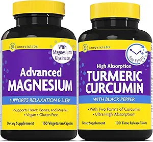 Magnésium & Curcumin Bundle: InnovixLabs Advanced Magnésium (150 Capsules Time-Release) InnovixLabs Curcumin Turmeric (100 comprimés Time-Release). Promotion de la relaxation, des os, des muscles et de la santé immunitaire*.
