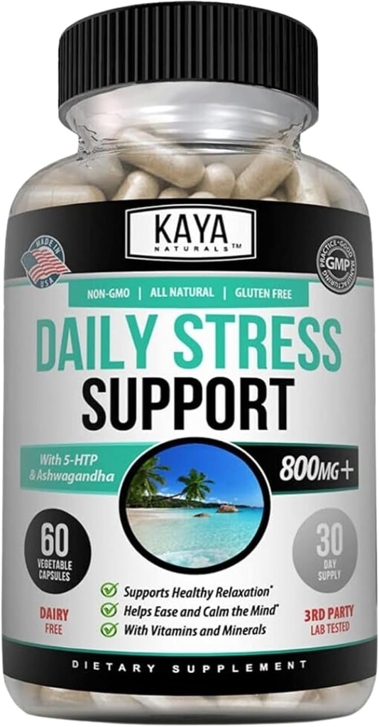 Kaya Naturals - Stress naturel soutenir le supplément de vitamine pour se détendre et calmer l'esprit - Boost Mood - Happy Pills - Stress Relief Support - supplément de vitamine - 60 capsules