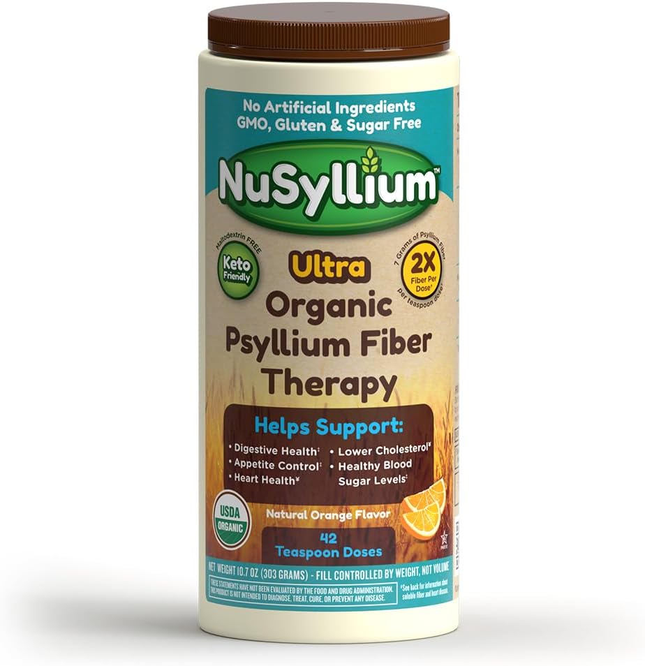 NuSyllium Ultra Psyllium Husk Powder, USDA Organic, 10,7 Oz, supplément de fibre kéto-friendly sans sucre, favorise la santé digestif* Orange, 42 portions