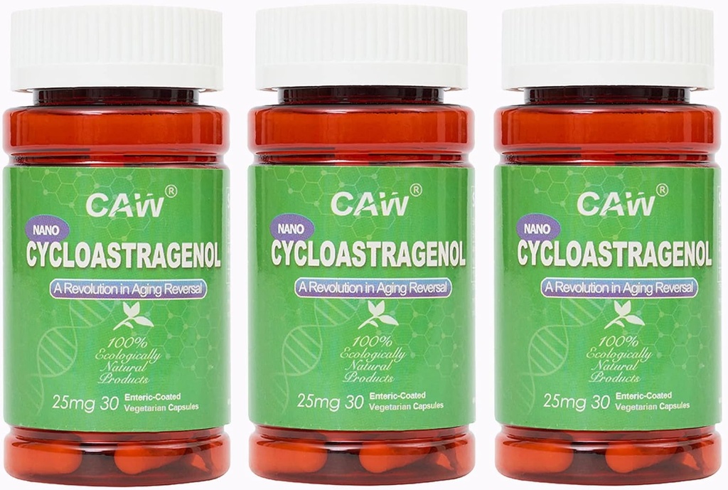 CAW Nano Cycloastragenol 98% 25mg 30 Caps | Telomerase Activation DNA Repair | Immunity Boost Better Absorption | Enteric-Coated Vegetarian Capsules (3 Bottles)