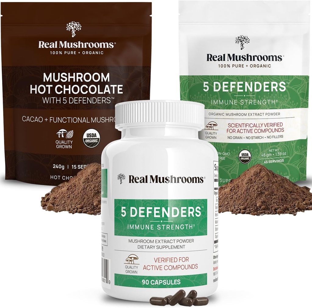 Véritable mélange de chocolat chaud (15srv), 5 Defenders Extract Powder (45srv) et 5 Defenders Suppléments (90ct) Ensemble pour soutenir l'immunité et le bien-être général - sans gluten, non-OGM, végétalien