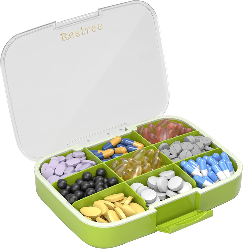 Réstree Grande Pilule Organisateur, Humidité Preuve et Imperméable Cas de Pilule de Voyage, Portable Boîte à Médicament avec Diviseurs réglables pour suppléments de vitamines Huile de poisson et pilules quotidiennes 9 Compartiments (Vert)