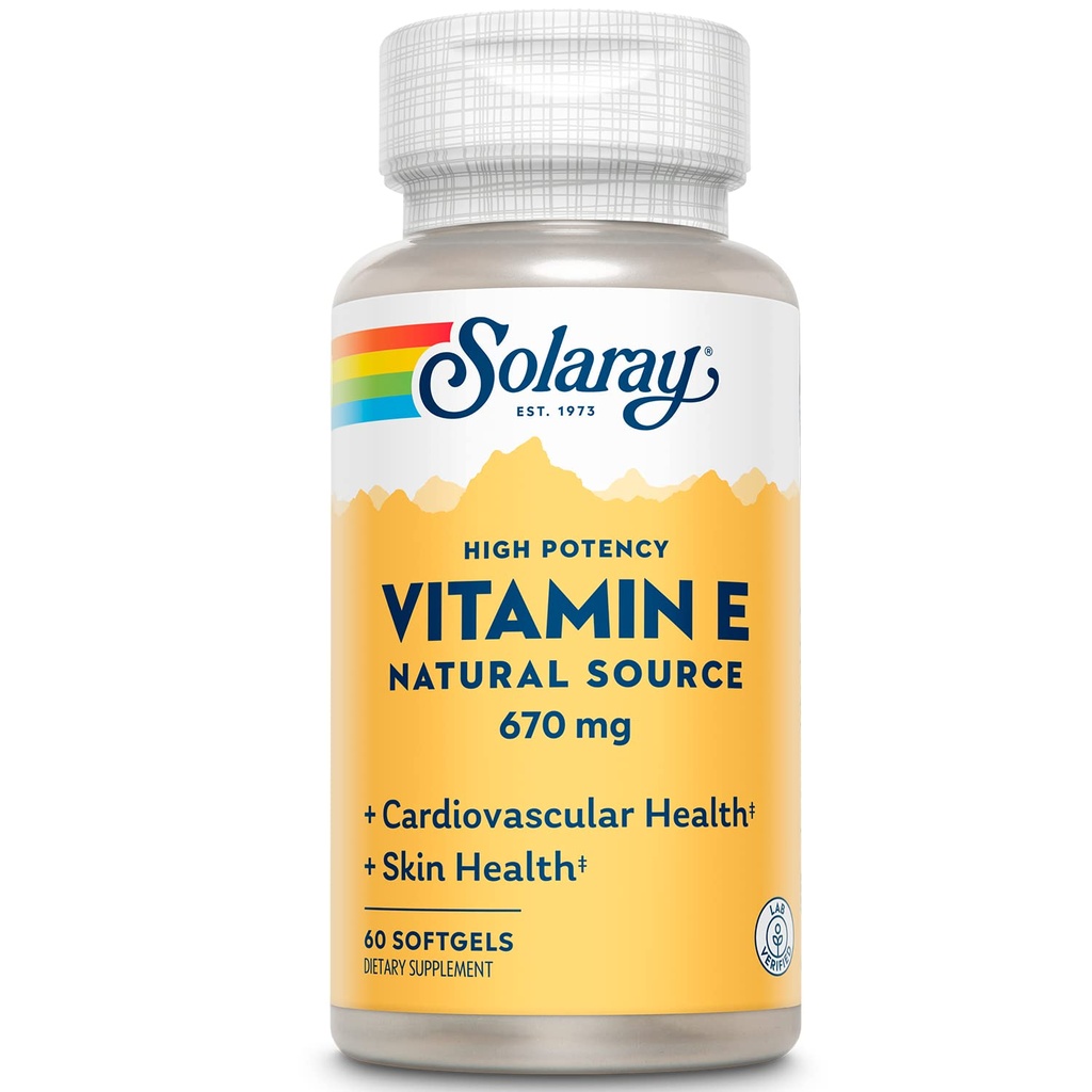 SOLARAY Vitamine E 1000 UI Capsules Softgel, 670 mg - d Alpha Tocophérol Suppléments Vitamine E - Santé de la peau, fonction cardiaque et soutien antioxydant - Garantie de 60 jours - 60 portions, 60 Softgels