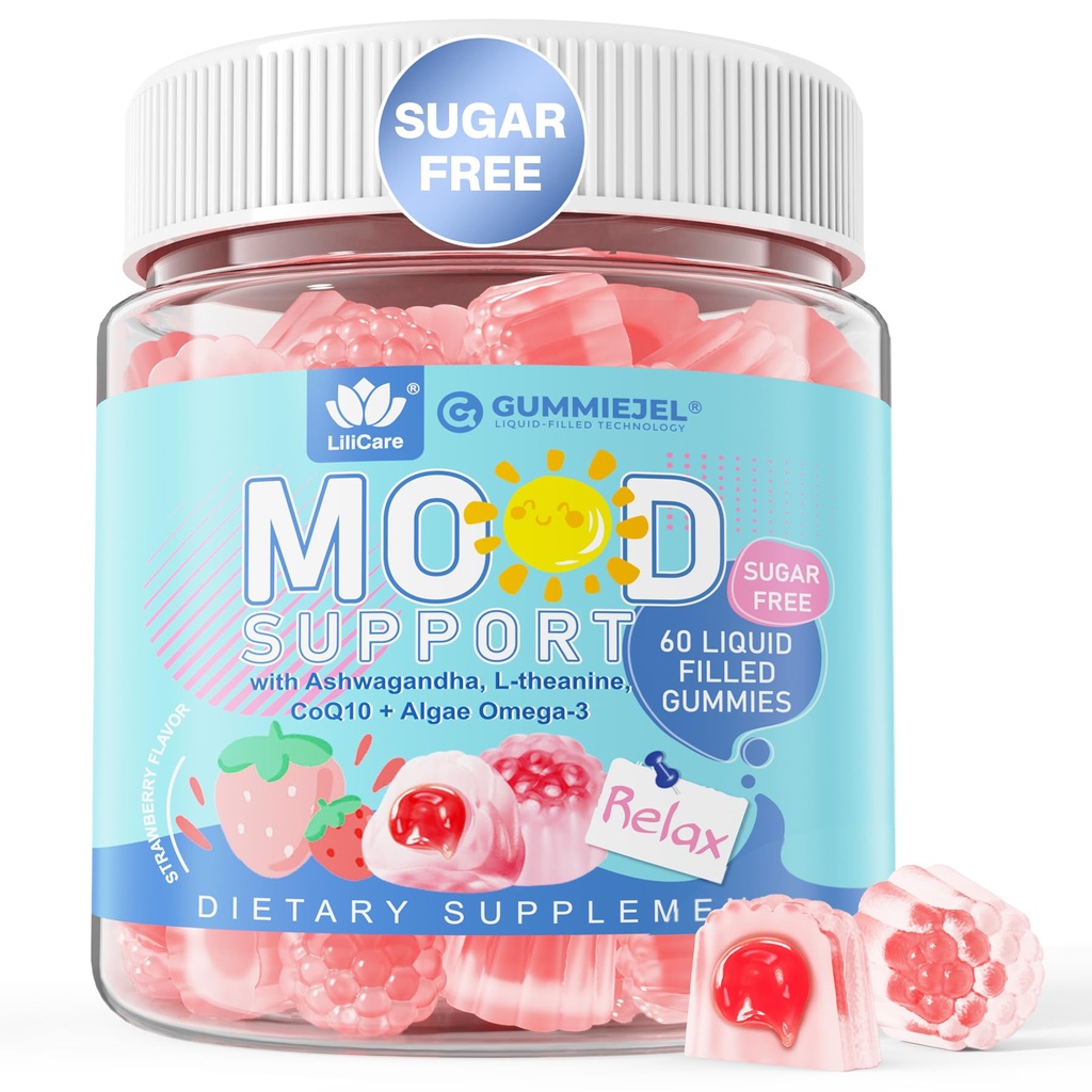 Ashwagandha Safran Gummies calmes + Omega 3, L-Theanine & CoQ10 pour les femmes hommes, Calme naturel Gummies de détente heureuses pour les adultes, complément de soutien d'humeur Gummy, parfum de fraise, sans sucre, végétalien, 60ct