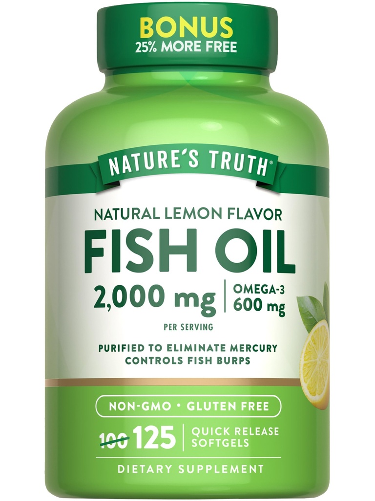 Nature's Truth Omega 3 Huile de poisson 2000 mg de 125 softgels liquides sans Burpless, pilules au citron sans OGM et supplément sans gluten
