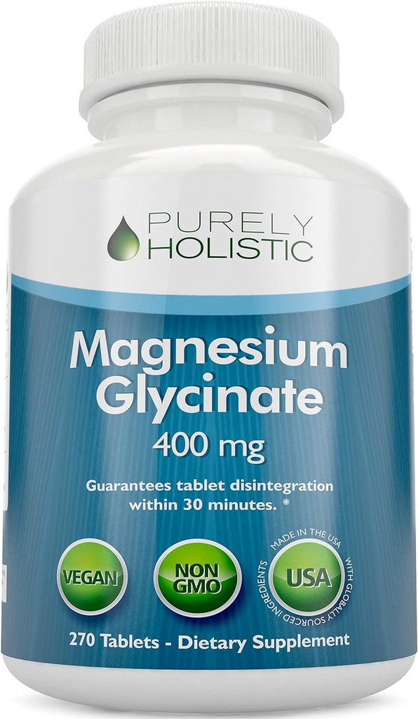Glycinate de magnésium 400mg - 270 comprimés de magnésium (pas capsules) - 400 mg Magnésium élémentaire - hautement biodisponible - Végétarien et végétalien - pour améliorer le sommeil, le stress et la défense des crampes