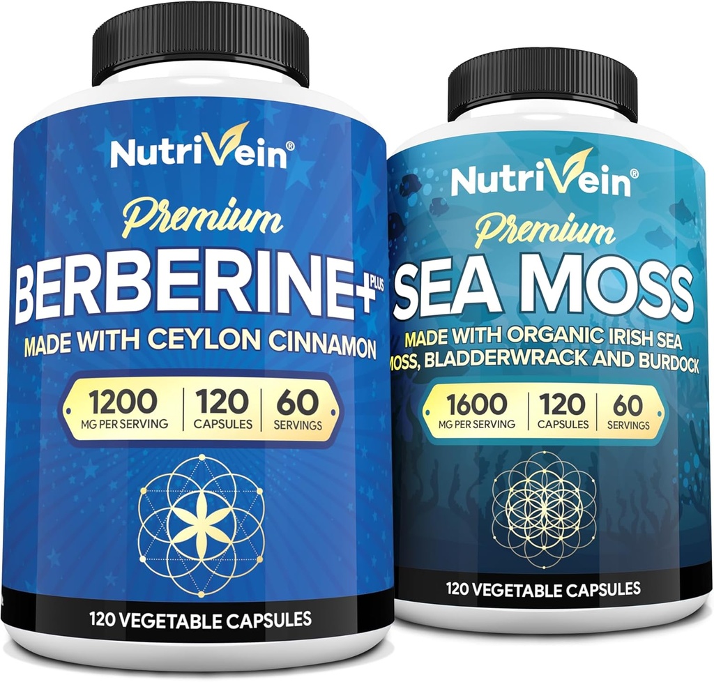 Nutrivein Premium Irish Sea Moss Capsules & Berberine Supplement Bundle: Ensemble de compléments à haute absorption de la mousse de mer & Berberine pour la digestion, le métabolisme et la vitalité