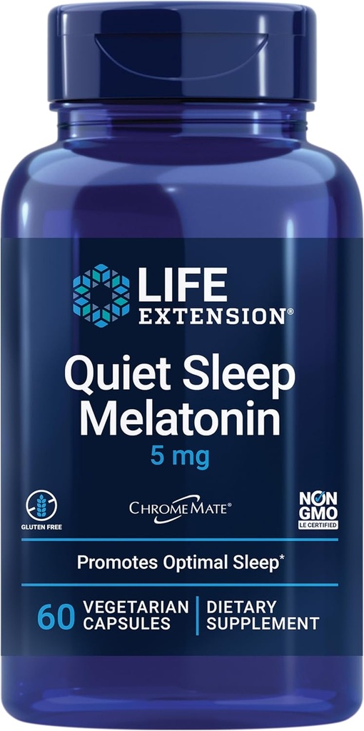 Life Extension Quiet Sleep Melatonin, 5 mg, Powerful Sleep Support, Healthy circadian Rhythms, Cellular Defense, Gluten-Free, Non-GMO, Vegetarian, 60 Capsules