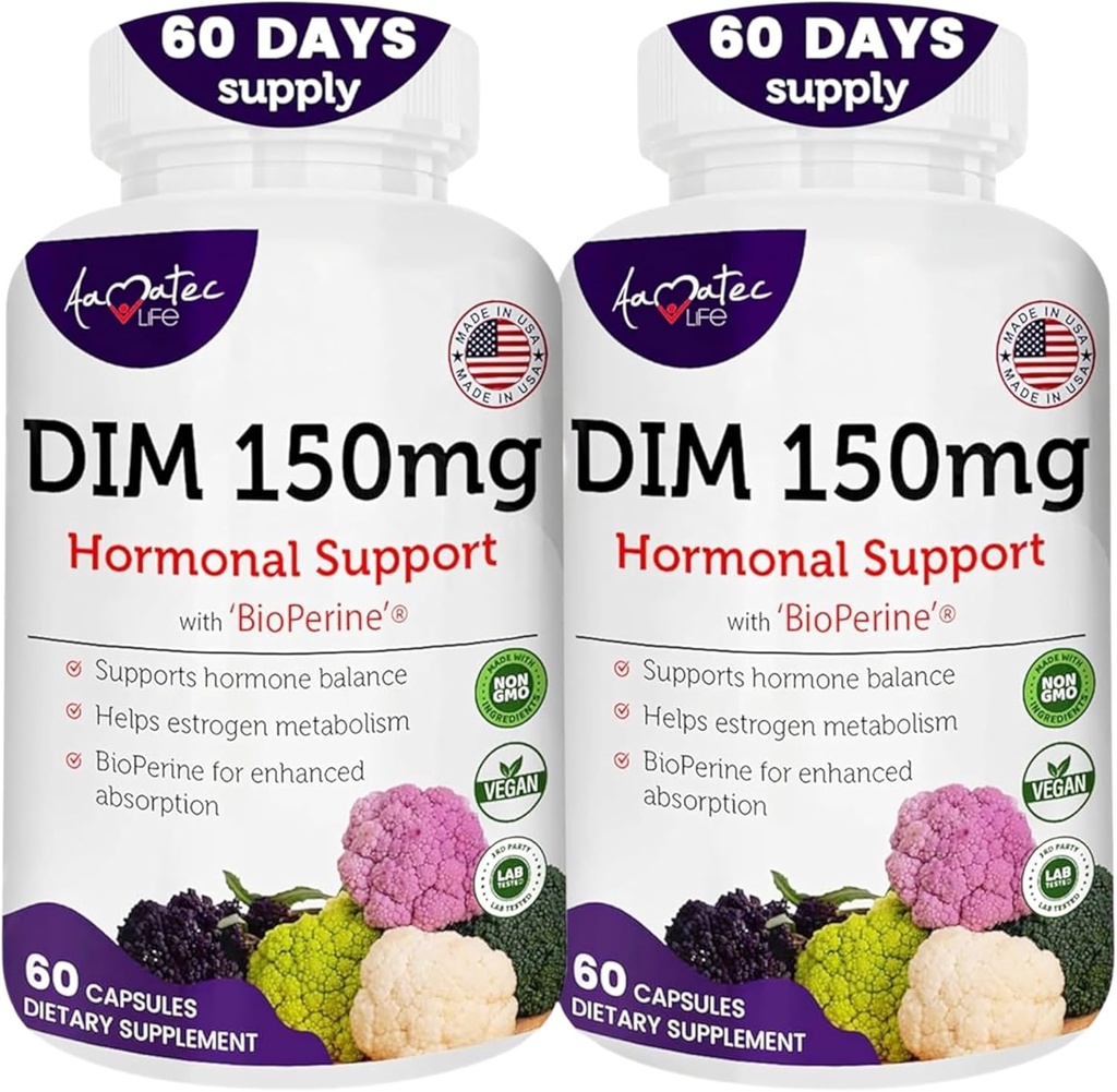 Femmes DIM Complex 150mg - Bioperine Estrogen Balancing Pills pour la ménopause et les flashs chauds Relief Support Acné hormonal Supplément puissant - 60 Capsules - Fabriqué aux États-Unis