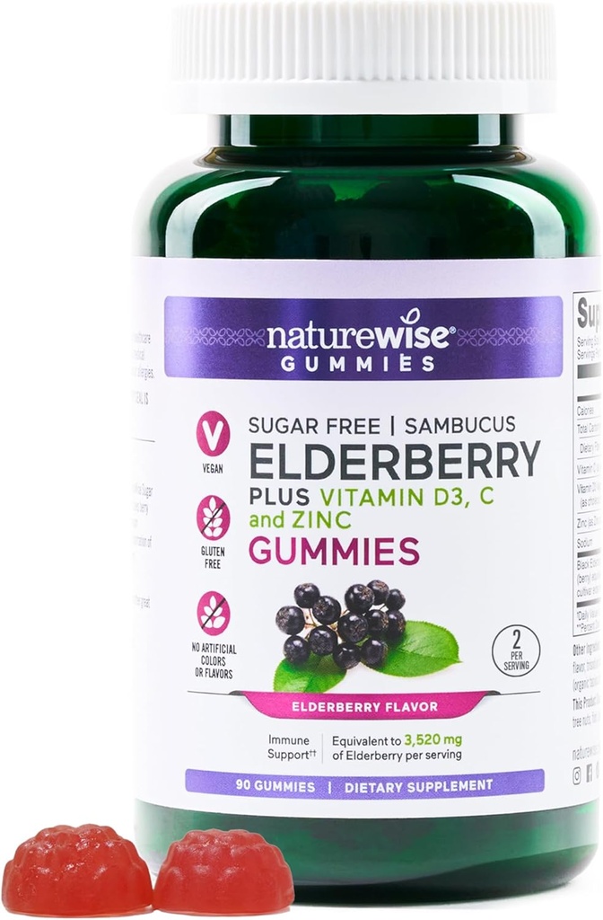 NatureWise Sambucus Gummies - Sans sucre - Supplément de soutien immunitaire quotidien pour les enfants et les adultes*, avec vitamine C, D3, zinc - végétalien, sans gluten, sans OGM - 90 comtes[45 jours]
