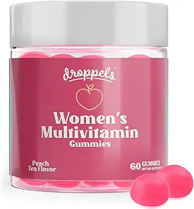 Gommies multivitamines de Droppels pour femmes avec acide folique, vitamines A, D, C, E, K, B6, B12, biotine et plus ?Vitamines quotidiennes non-OGM et à base de pectine pour les femmes ?Flaveur de thé de pêche, 60 comte