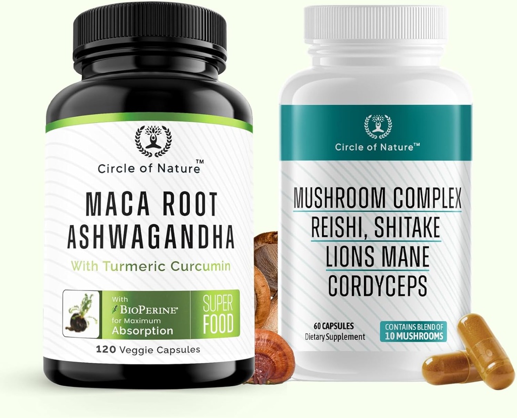 La racine de Maca Ashwagandha & Champignons Le supplément contient de la Manille de Lions, Cordyceps, Reshi, Shitake