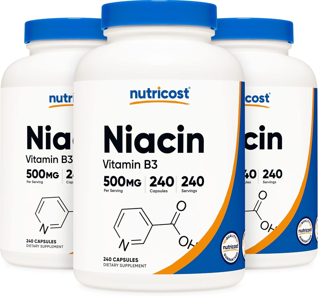 Nutricost Niacin (Vitamin B3) 500mg, 240 Capsules (3 Bottles) - Niacin Flush