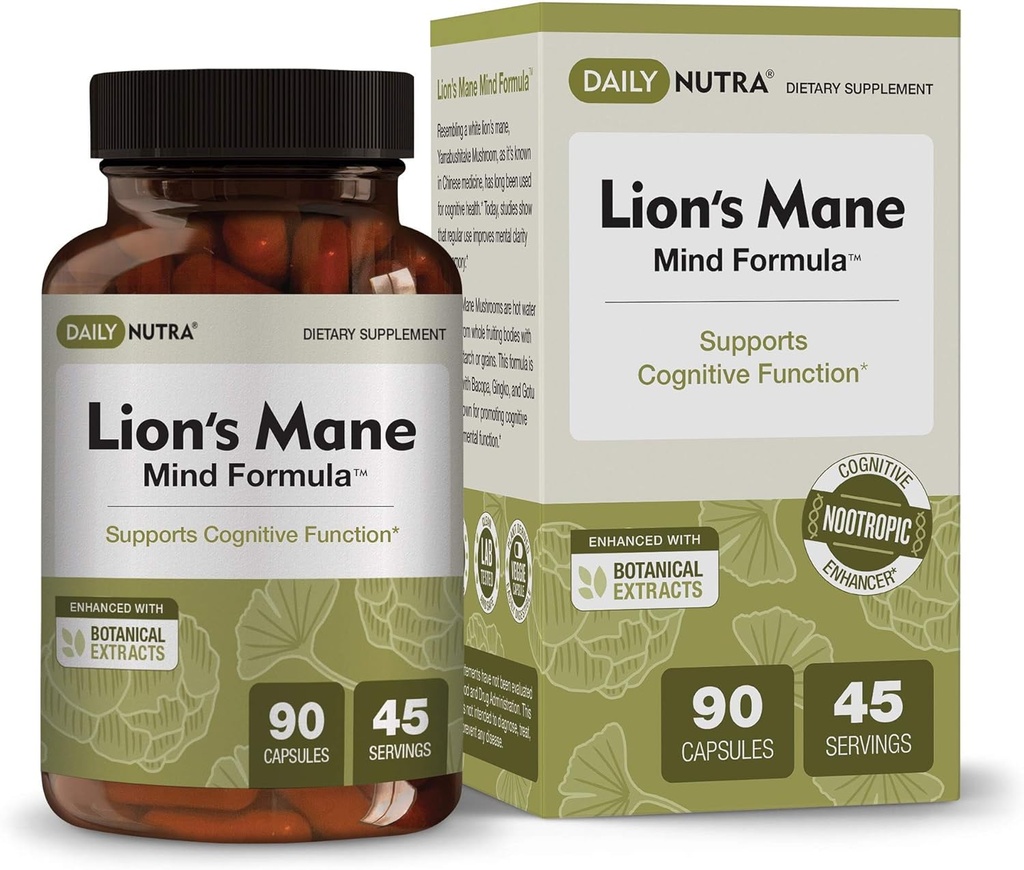 DailyNutra Lion=S Mane Mind Formula - Supplément nootropique pour la santé cognitive du cerveau= Extrait de champignons organiques avec Bacopa, Gingko et Gota Kola (90 capsules)