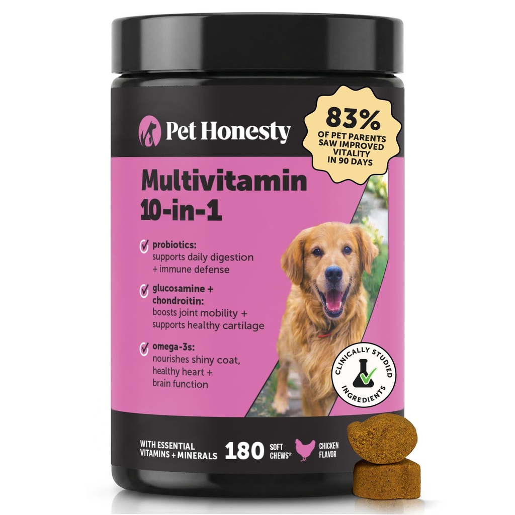 Multivitamine de chien - 10 vitamines de chien en 1 pour la santé et le cœur - Huile de poisson oméga, glucosamine et probiotiques - Vitamines de chien et suppléments pour la peau et le manteau (Chicken 180 ct)