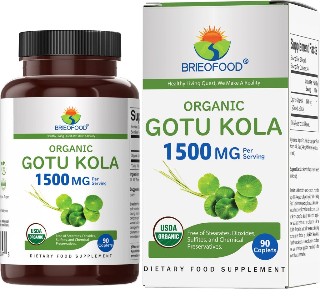 Brieofood Bio Gotu Kola 1500mg, 45 portions, végétarien, sans gluten, 90 comprimés végétariens