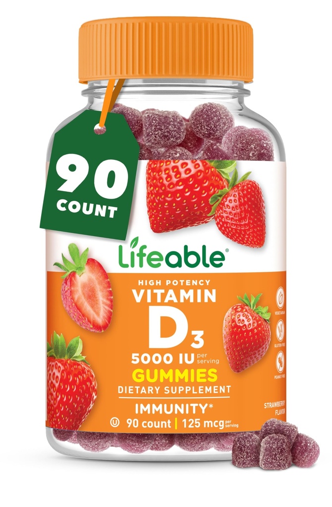 Gommies Vitamine D pour les adultes $ 5000 UI Grande Dégustation D3 Vitamine $ Soutien immunitaire et os sains Supplément vitamine D pour les hommes, les femmes $ 90 Gommies $