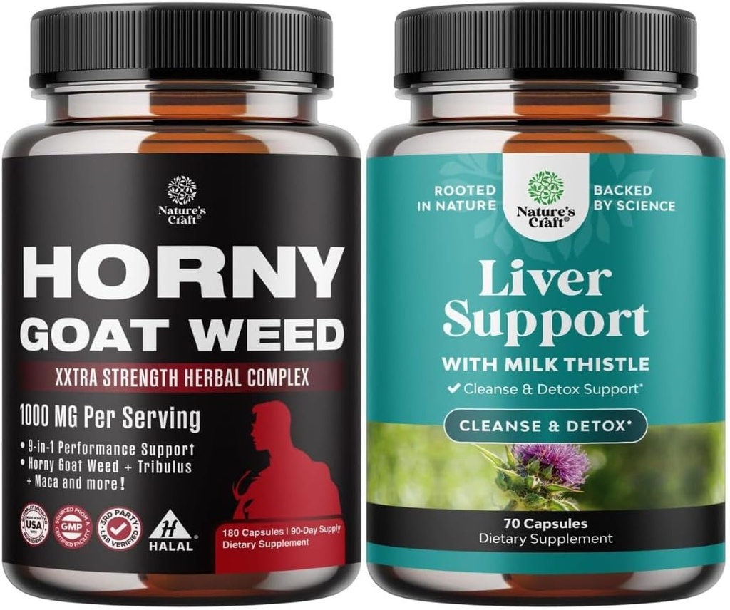 Ensemble d'herbe de chèvre horny pour les hommes - Supplément mâle de force supplémentaire pour l'endurance et l'énergie et le foie nettoyer la désintoxication et la réparation - Chardon de lait silymarin avec racine de dandelion Choline Beetroot Articoke Extrait