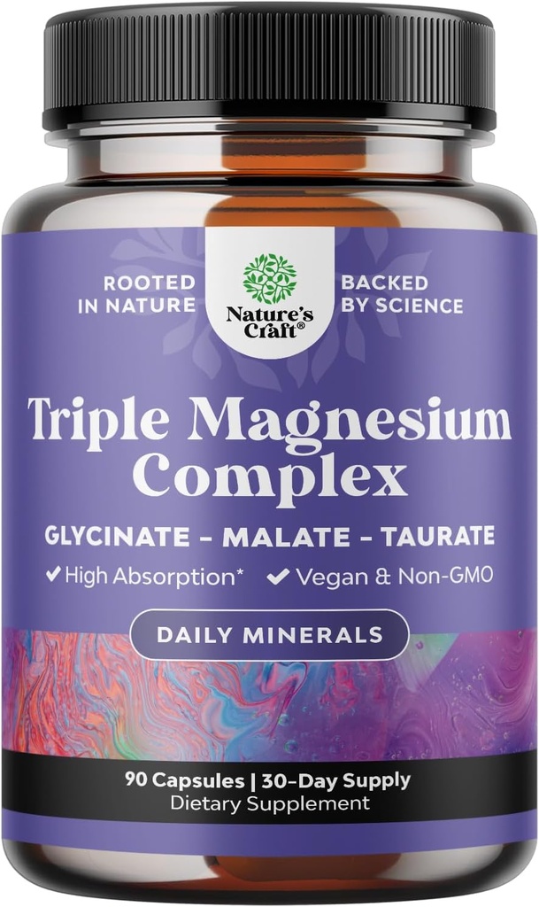 Supplément triple complexe de magnésium élémentaire - Haute absorption Magnésium Taurate et Glycinate Plus Mélange de malate pour l'humeur des os musculaires du sommeil et plus - Non OGM végétalien 90CT