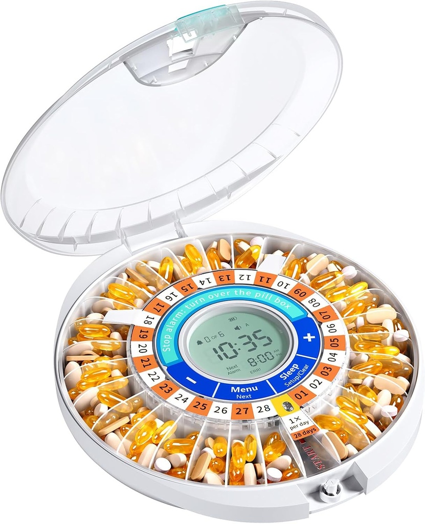 Distributeur automatique de pilules Daviky pour personnes âgées avec alarme, boîte à pilules électronique fermée de 28 jours, rappels sonores et lumineux pour médicaments, vitamines et suppléments (Orange)