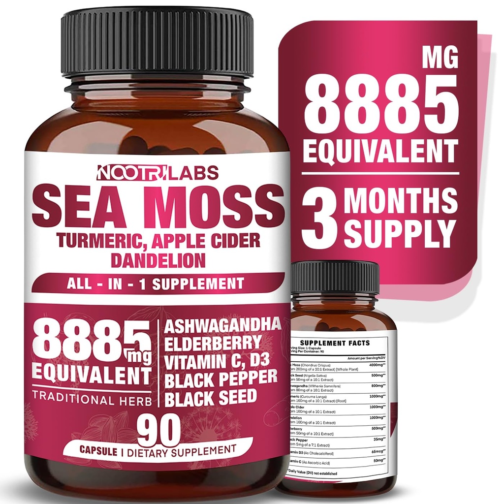 All-in-1 8885mg Moss de mer de puissance la plus élevée, Graines noires, Ashwagandha, Turmeric, vinaigre de cidre de pomme, Dandelion avec Elderberry, Vitamine C & D3 - Immune, supplément de soutien énergétique - 90 capsules végétaliennes