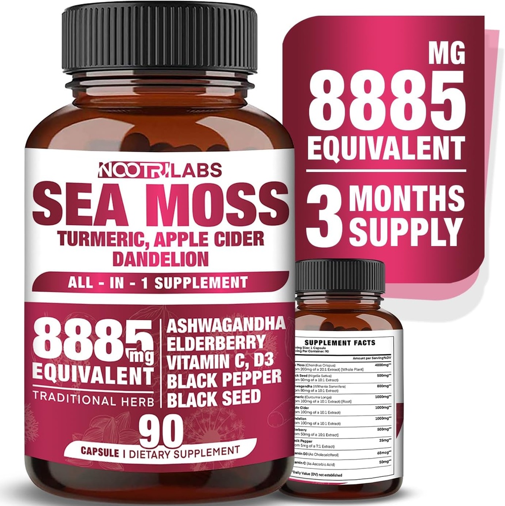 All-in-1 8885mg Moss de mer de puissance la plus élevée, Graines noires, Ashwagandha, Turmeric, vinaigre de cidre de pomme, Dandelion avec Elderberry, Vitamine C & D3 - Immune, supplément de soutien énergétique - 90 capsules végétaliennes