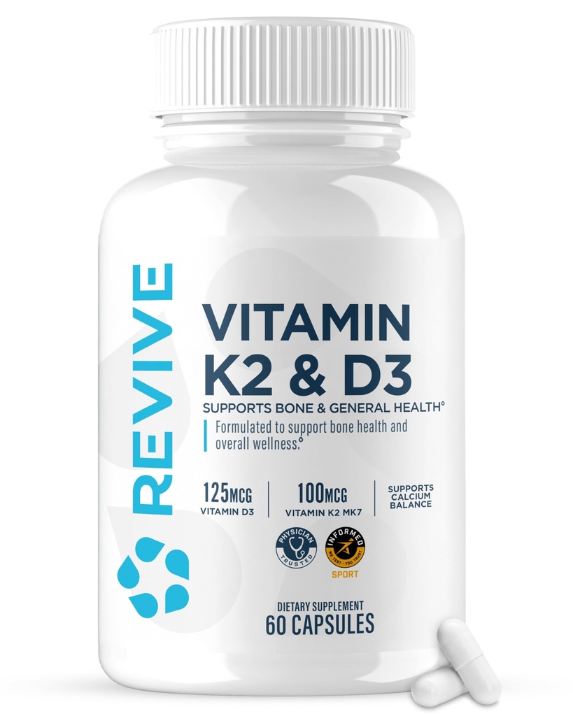 REVIVE MD Vitamine D3 & K2 - soutient la santé osseuse et la force musculaire - K2 & D3 supplément de vitamine pour les femmes et les hommes santé et fonction cérébrale