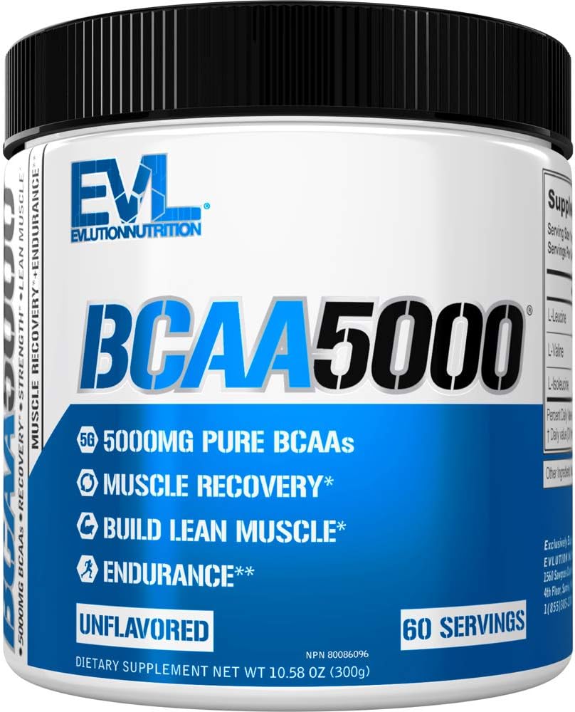 Evluution EVL BCAAs Amino Acides Poudre - BCAA Poudre après l'entraînement Recovery Drink and Stim Free Pre Workout Energy Drink Poudre - 5g Branched Chain Acids Supplément pour les hommes - Poudre non aromatisée